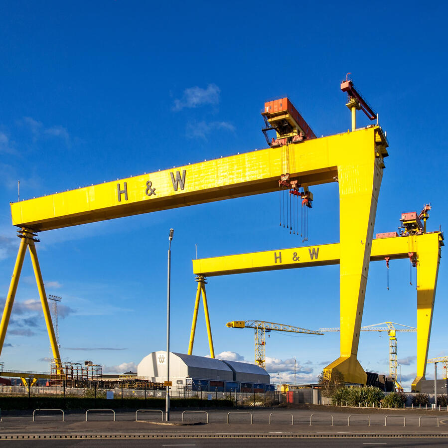 Image of the striking yellow of the two legendary Harland & Wolff cranes, Samson and Goliath.