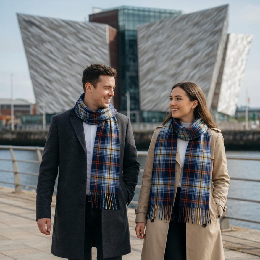An image of Belfast City Hall merging with the newly official Belfast Tartan